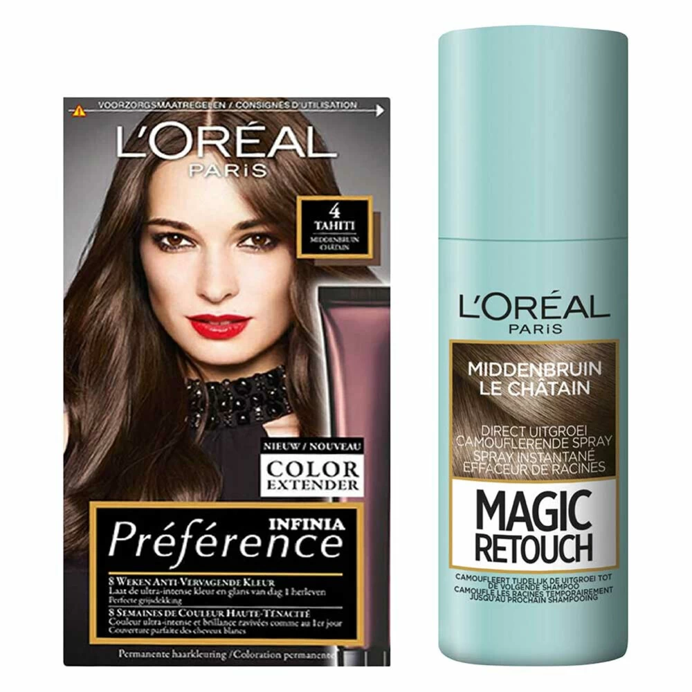 L'Oreal Lu0027Oréal Preference Haarkleuring 04 Tahiti - Middenbruin + Magic Retouch Uitgroeispray Middenbruin 75 Ml Pakket 1 L'Oreal Lu0027Oréal Preference Haarkleuring 04 Tahiti - Middenbruin + Magic Retouch Uitgroeispray Middenbruin 75 Ml Pakket
